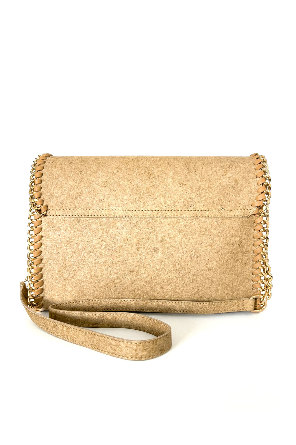 Beige crossbody bag with braided details on a white background