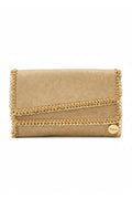 Beige vegan bag with gold chain detail on a white background