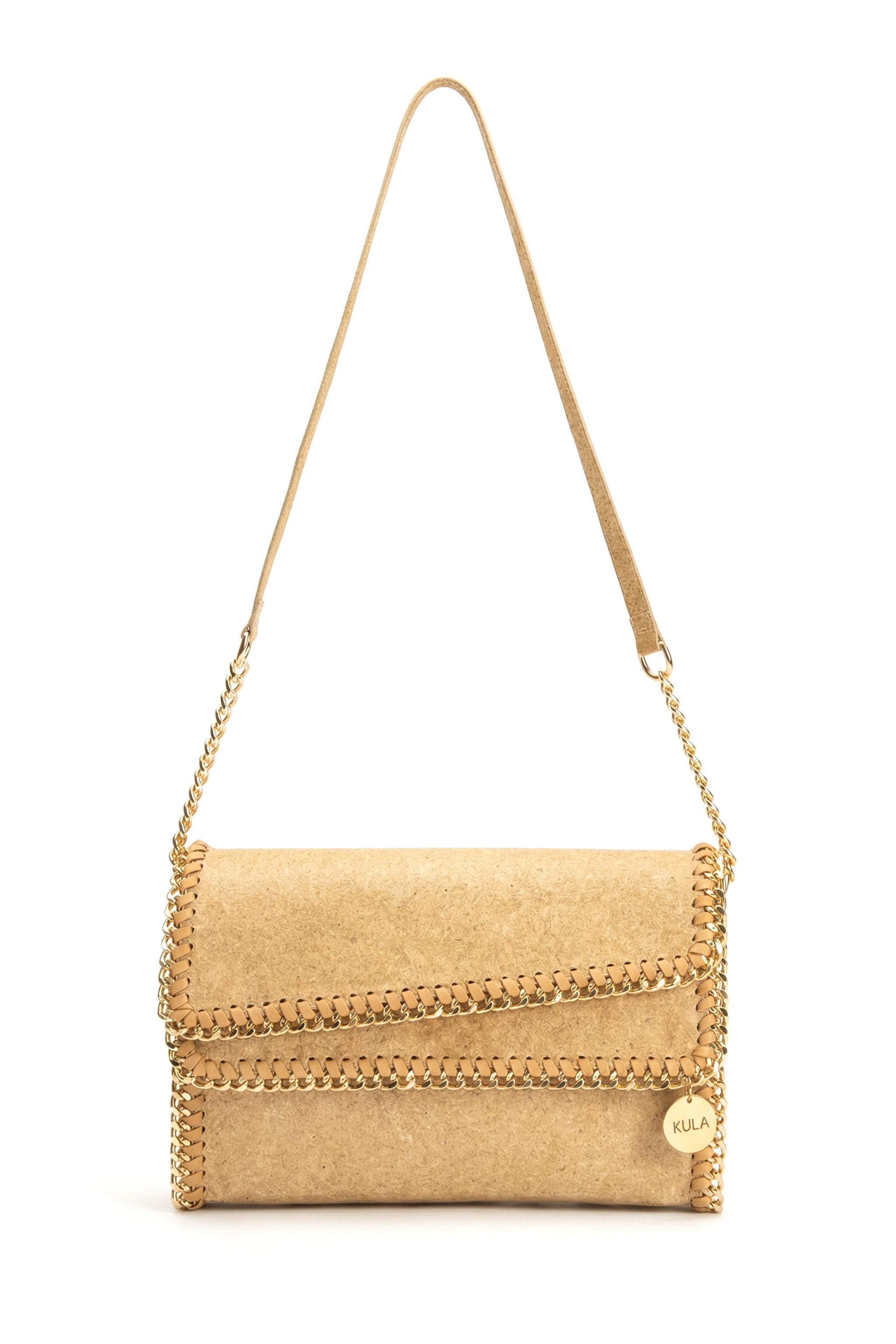 Beige handbag with gold chain details on a white background