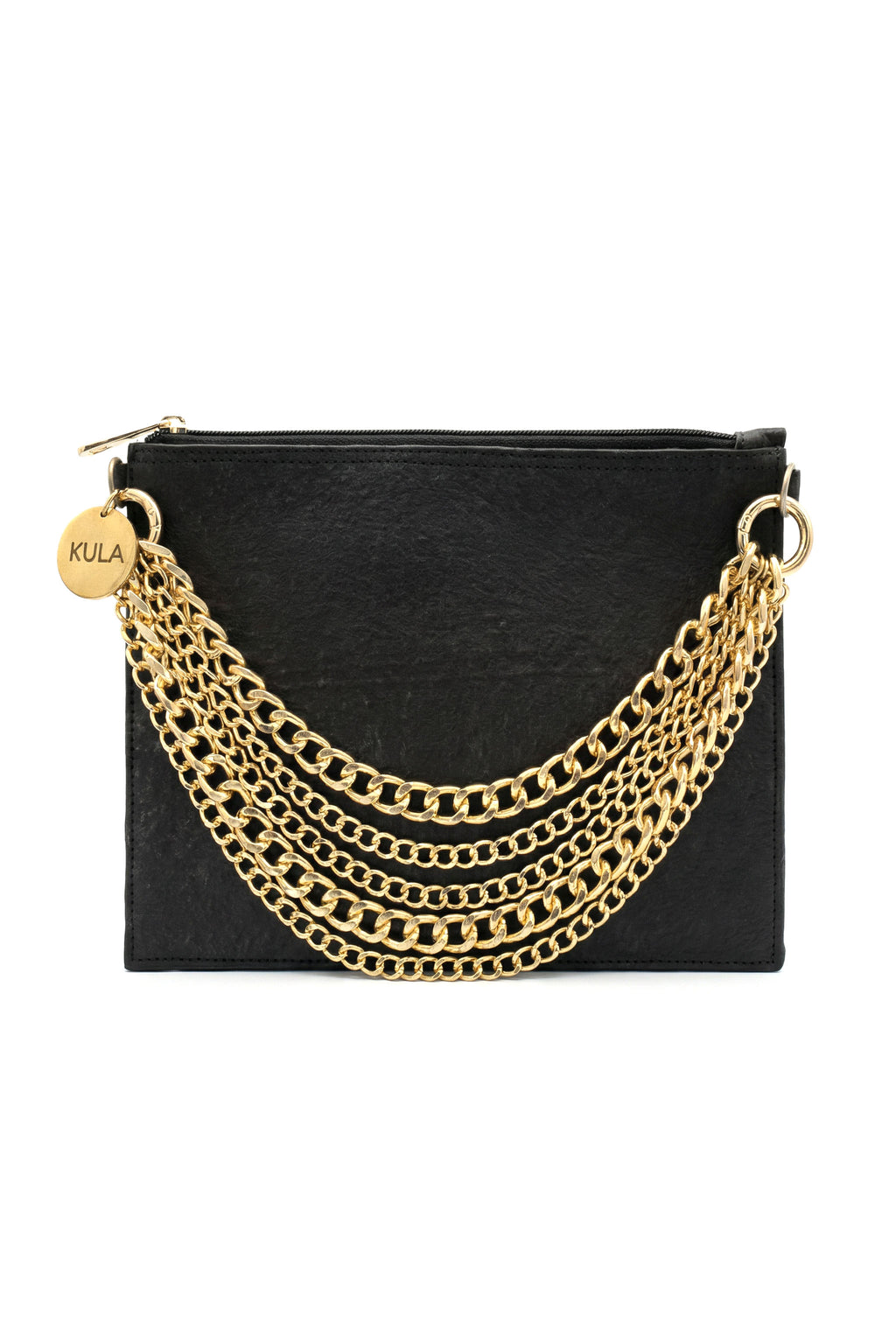 Black clutch bag with gold chain detail on a white background