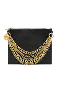 Black clutch bag with gold chain detail on a white background