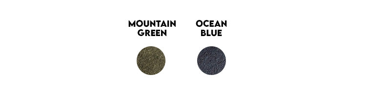 Two color swatches labeled 'Mountain Green' and 'Ocean Blue' on a white background.
