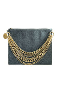 ocean blue clutch bag with gold chain details on a white background