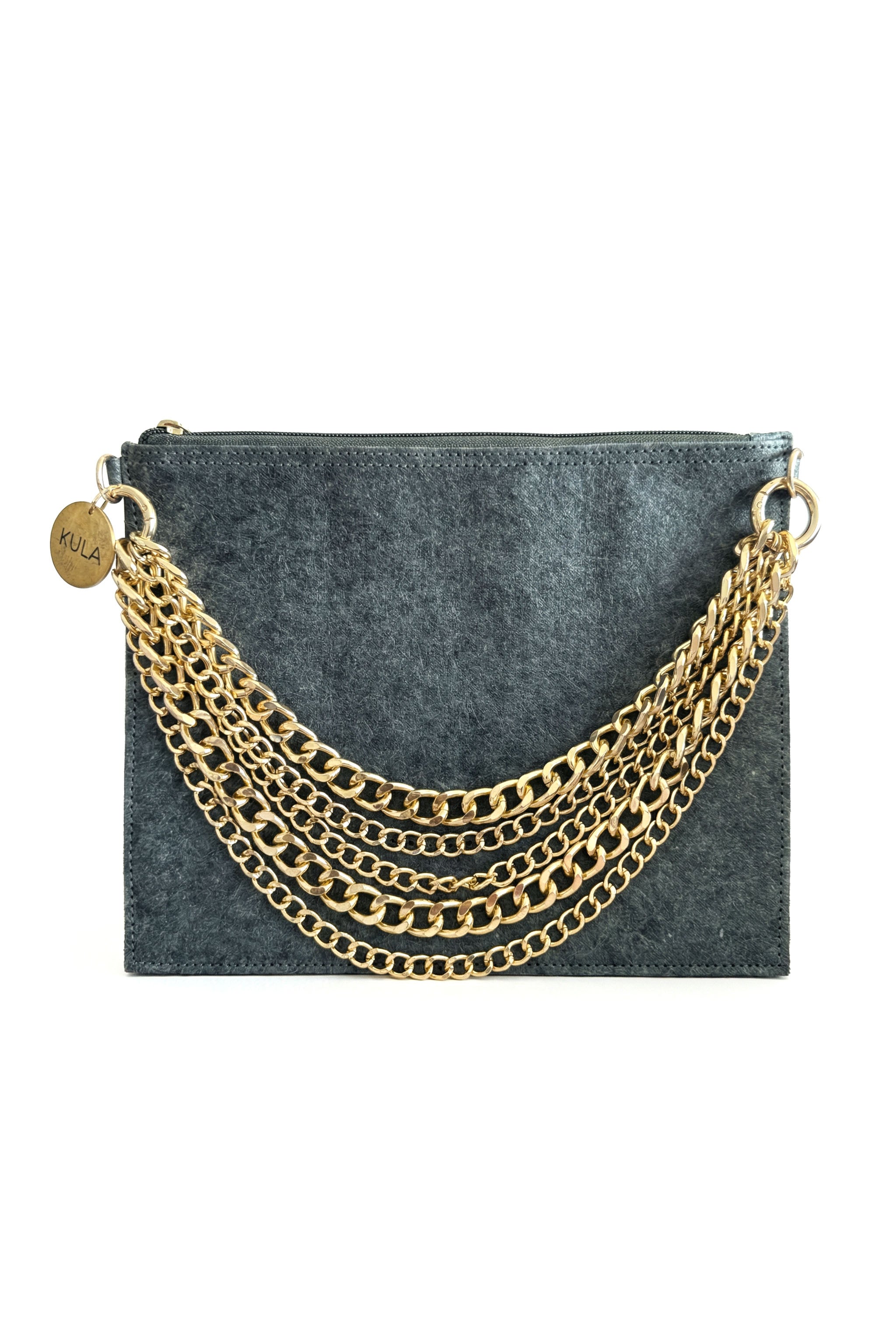 ocean blue clutch bag with gold chain details on a white background