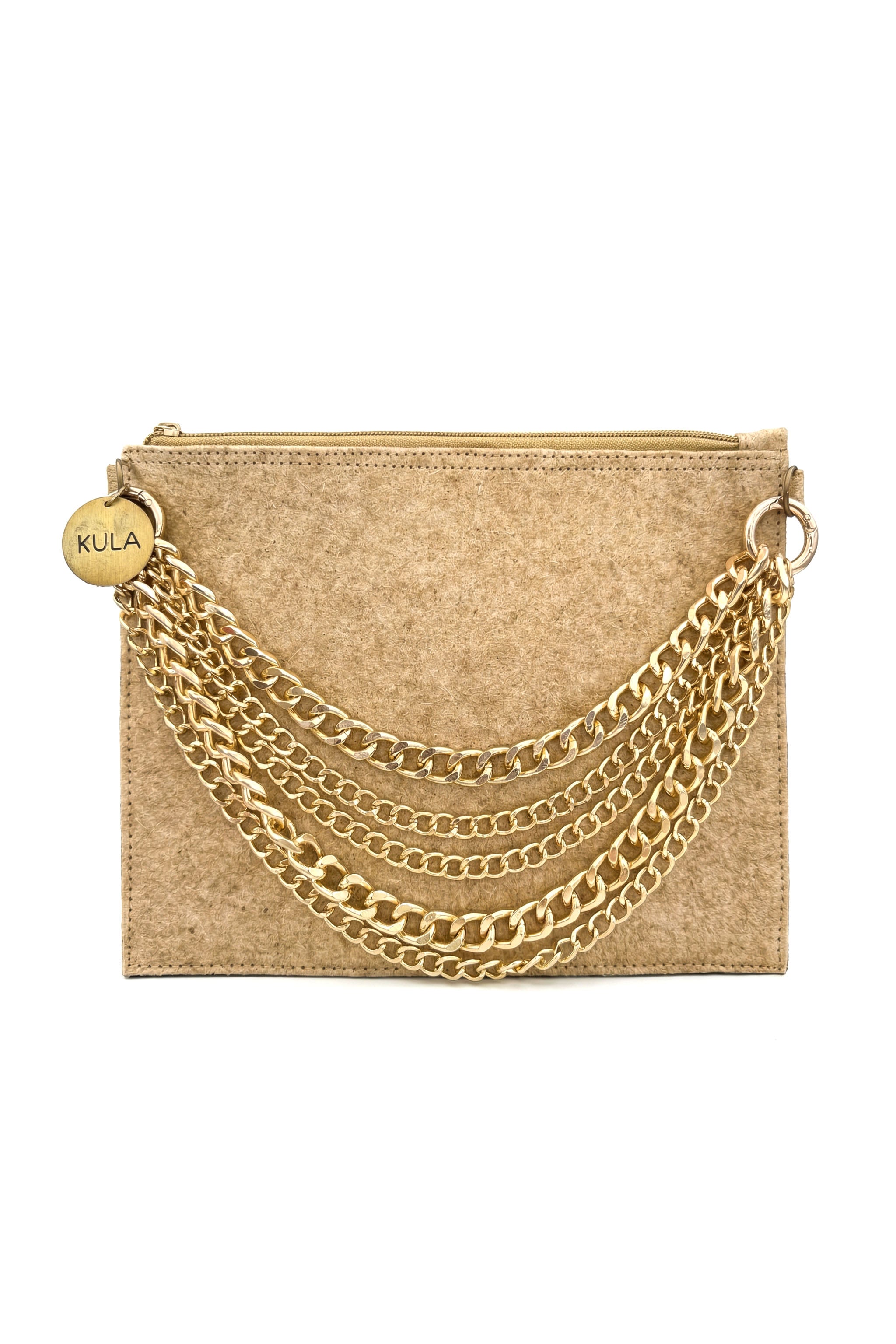 Desert brown clutch with chain detail on a white background