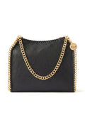 Black handbag with gold chain detail on a white background