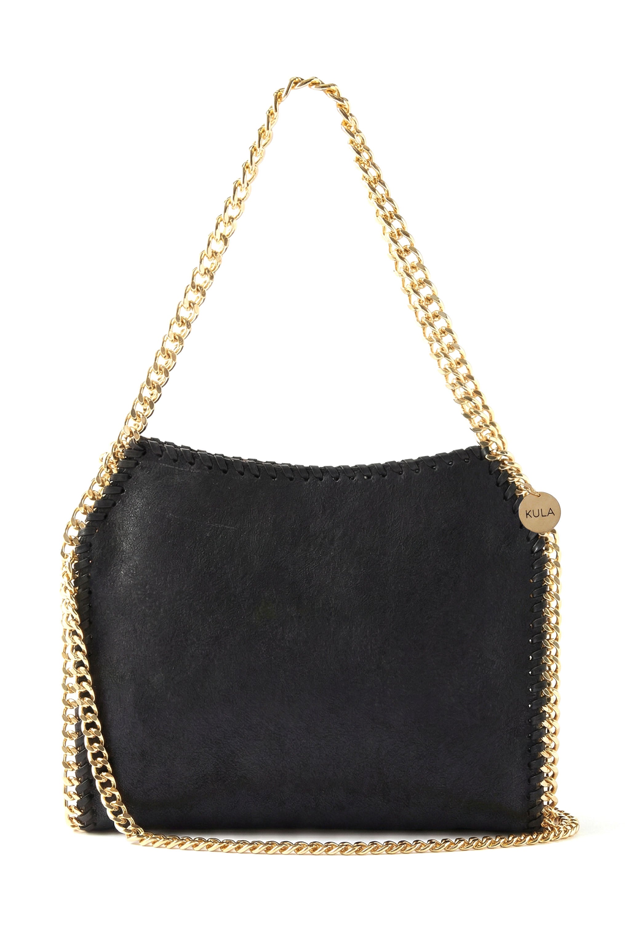 Black handbag with gold chain strap on a white background