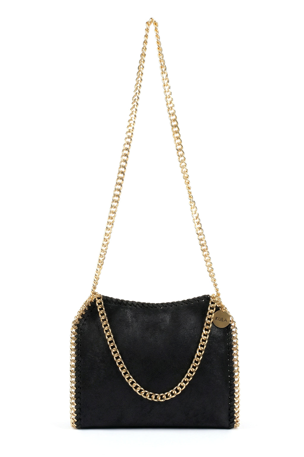 Black handbag with shoulder strap gold chain strap on a white background