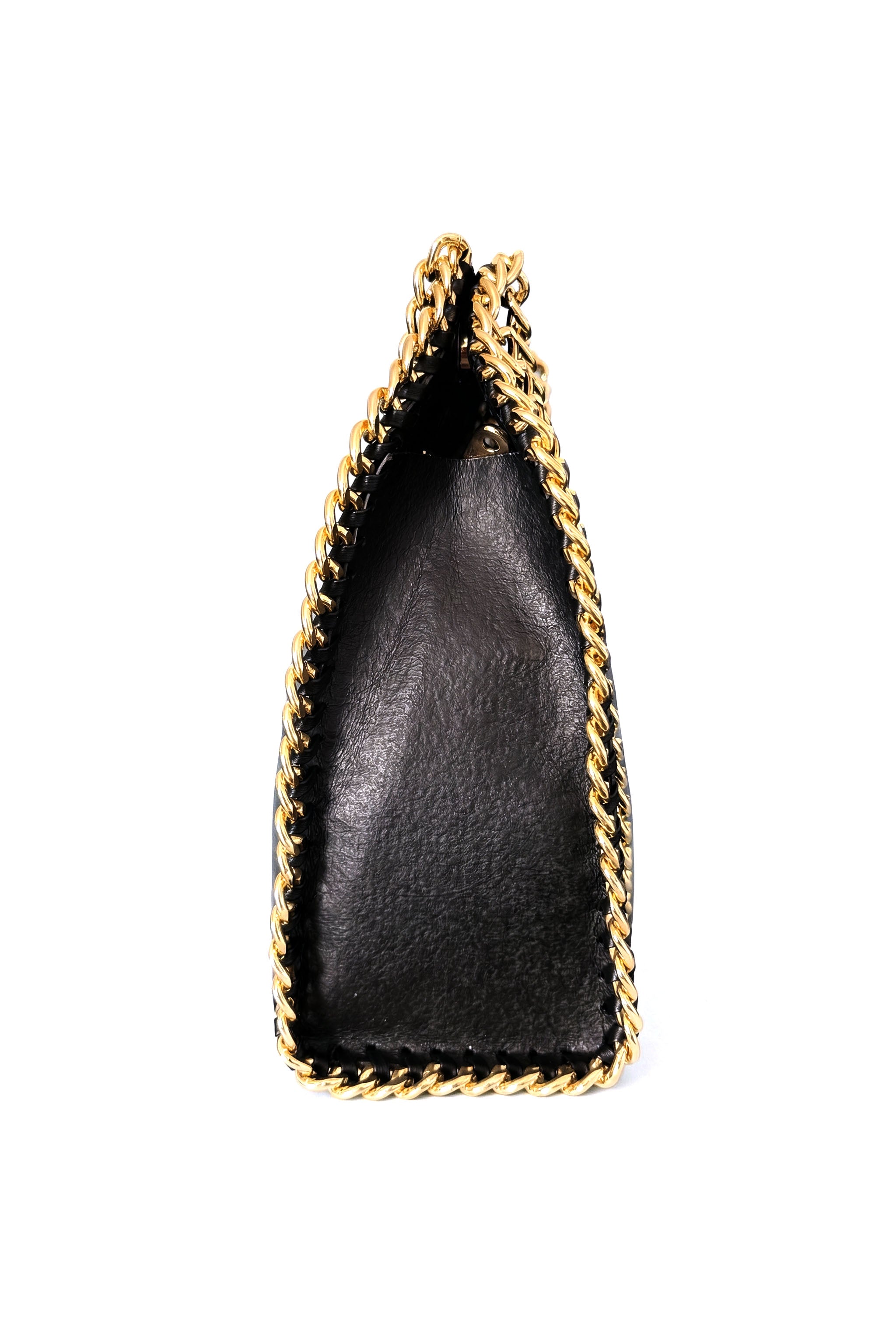 Black leather pouch with gold chain details on a white background profile shot