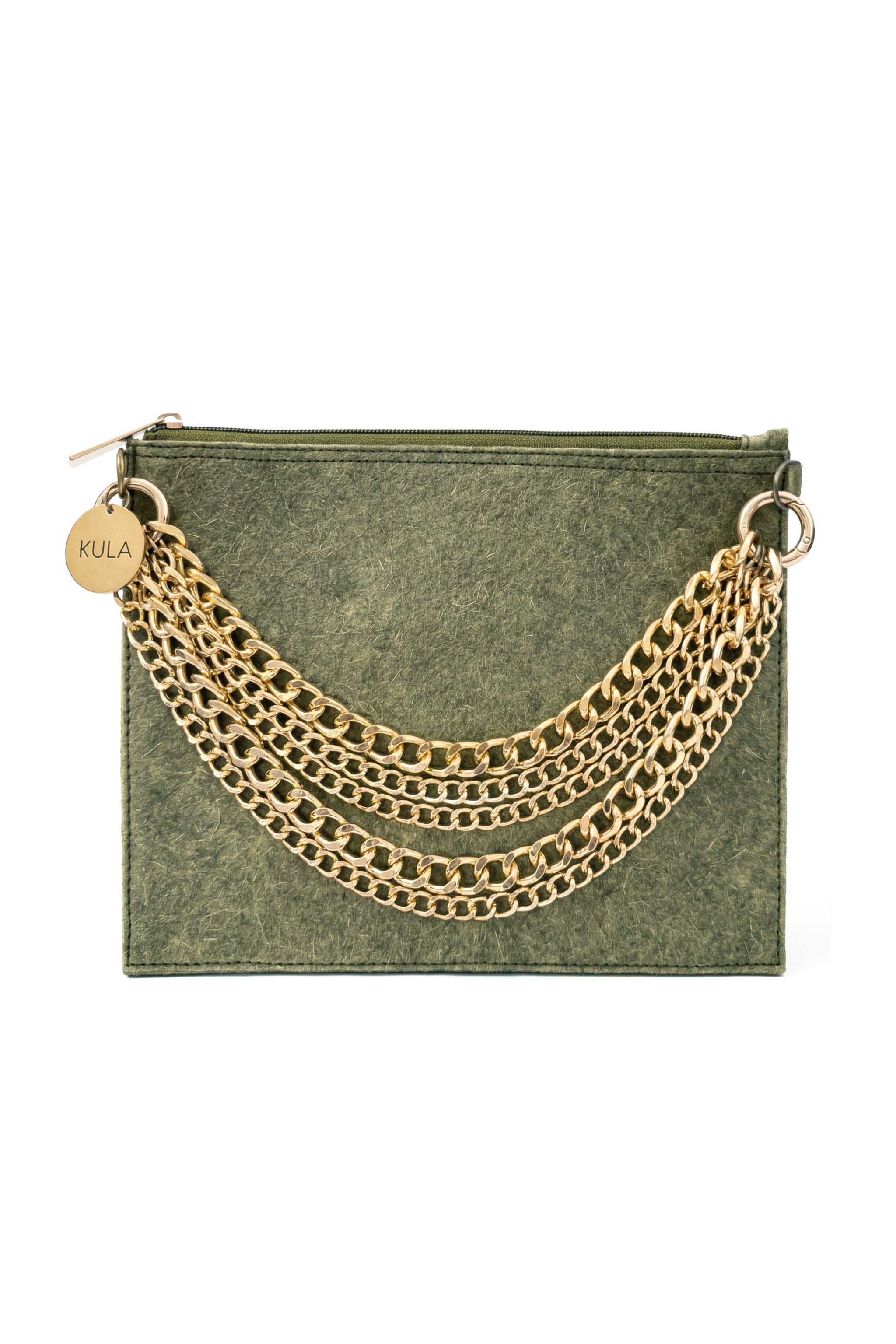 Mountain Green handbag with gold chain and 'Kula' tag on a white background