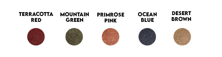 Color swatches labeled 'Terracotta Red', 'Mountain Green', 'Primrose Pink', 'Ocean Blue', and 'Desert Brown' on a white background.