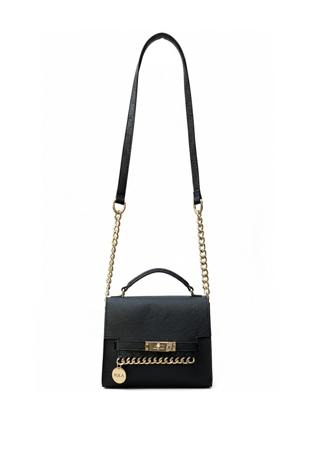 Black handbag with gold chain detail on a white background