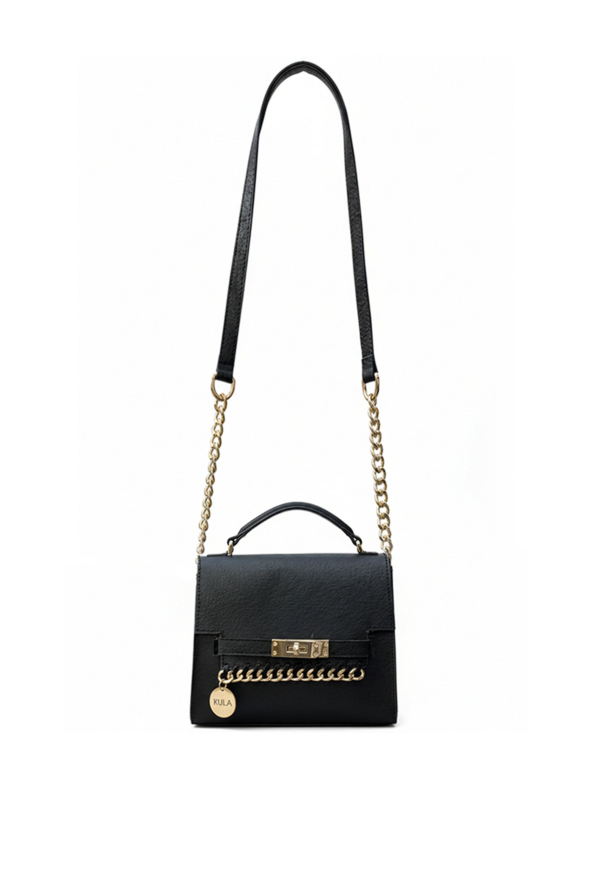 Black handbag with gold chain detail on a white background