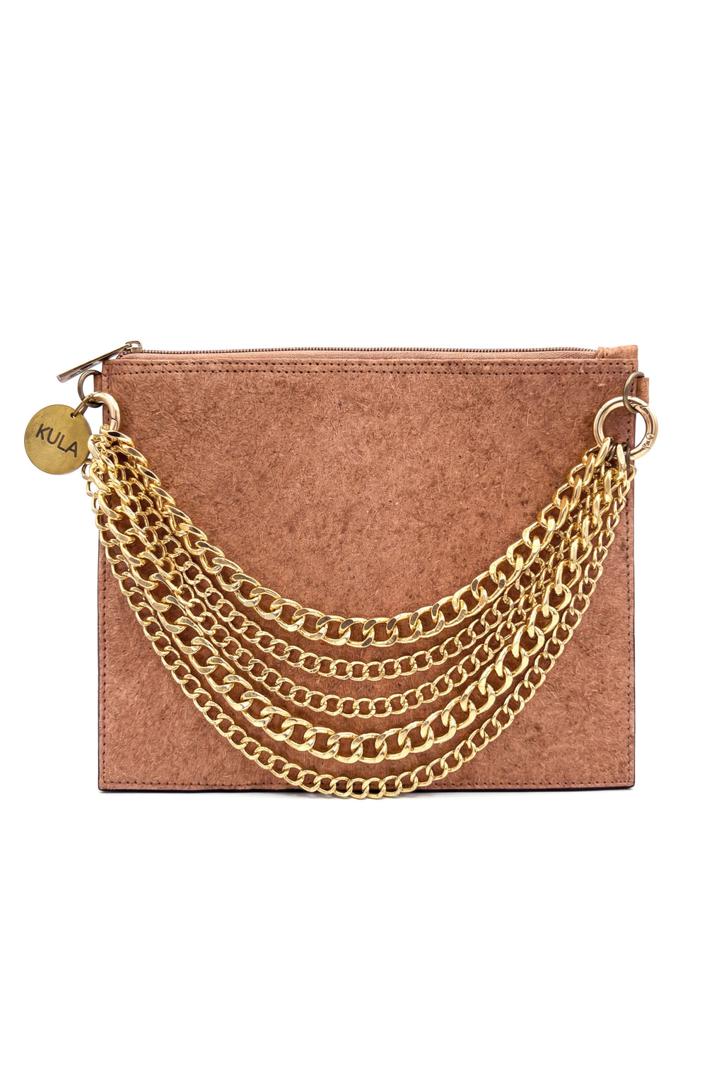 Primrose pink clutch bag with gold chain detail on a white background