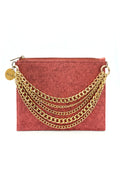 Terracotta Red handbag with gold chains on a white background