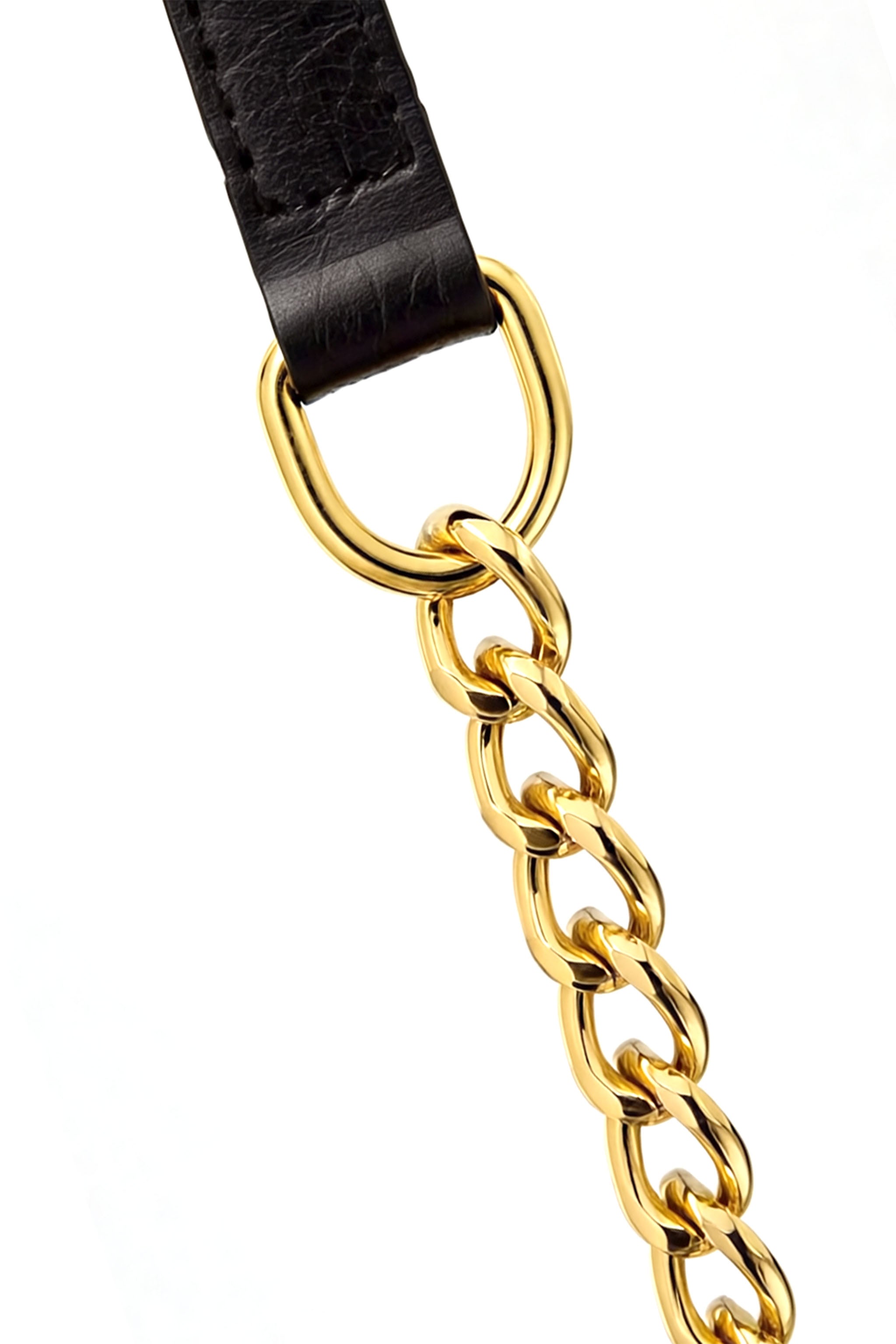 Gold chain strap with a charcoal black coconut leather strap for bella handbag on a white background