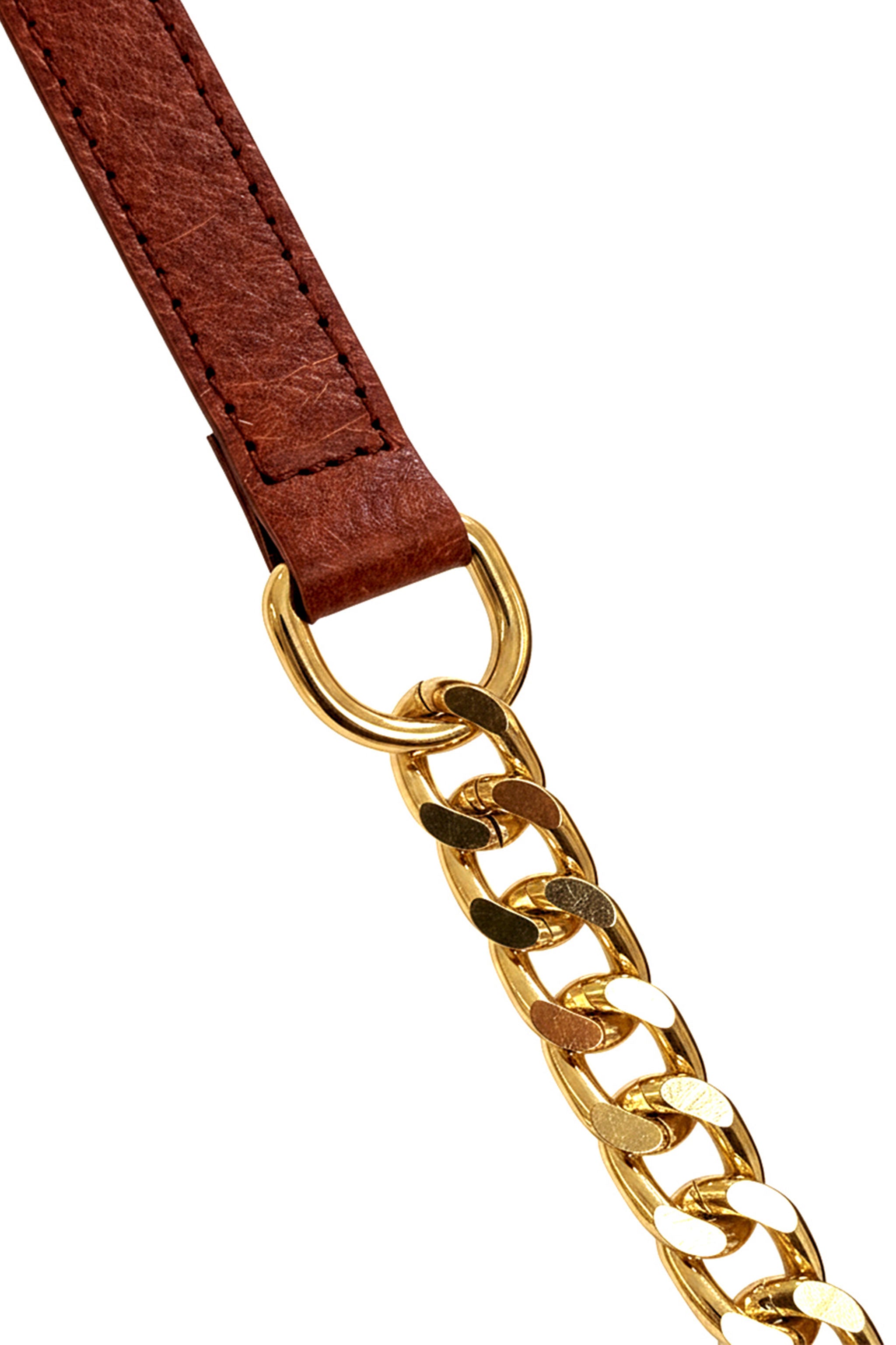 Gold chain belt with terracotta red leather strap for bella handbag on a white background