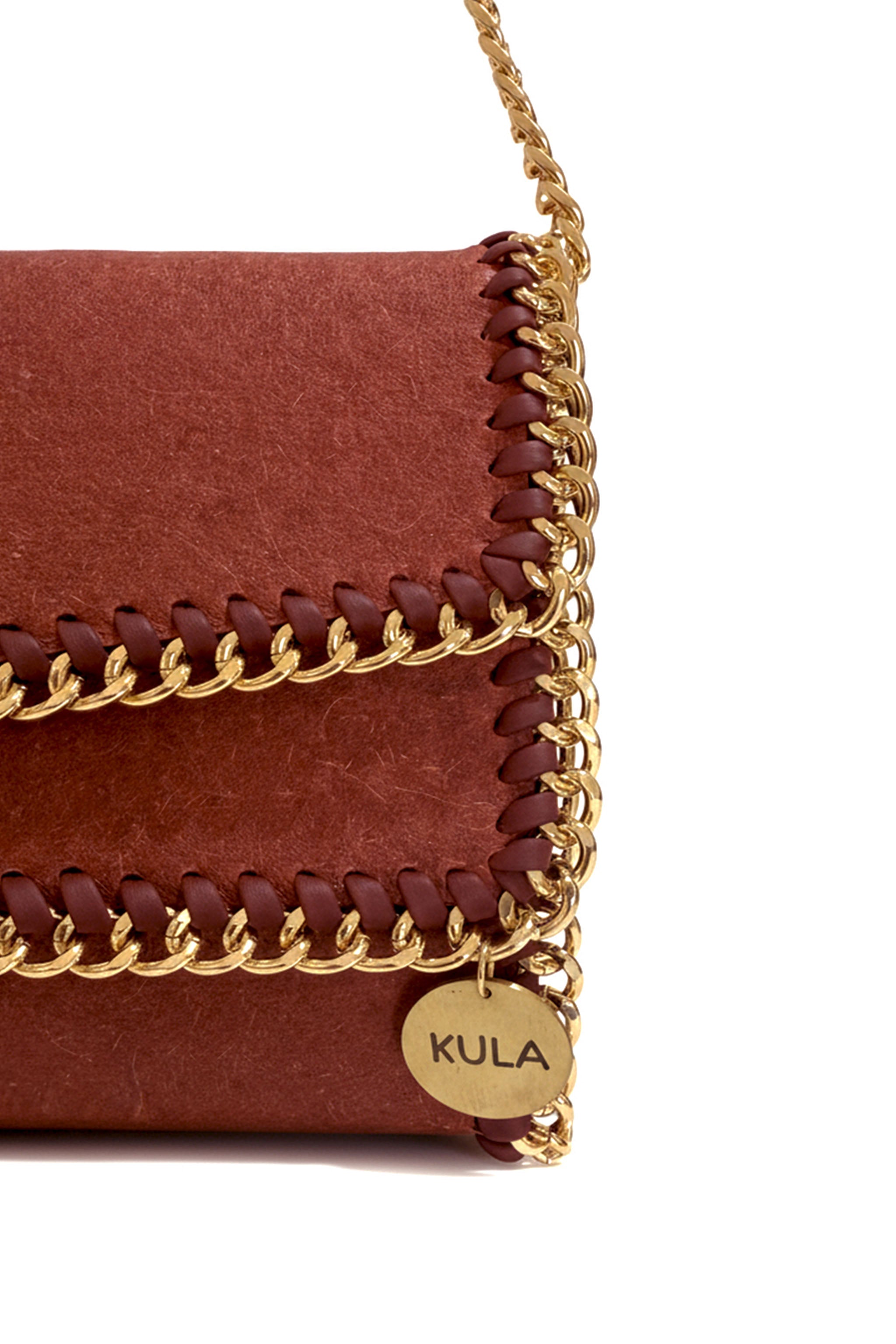 closup shot of bella handbag in terracotta red