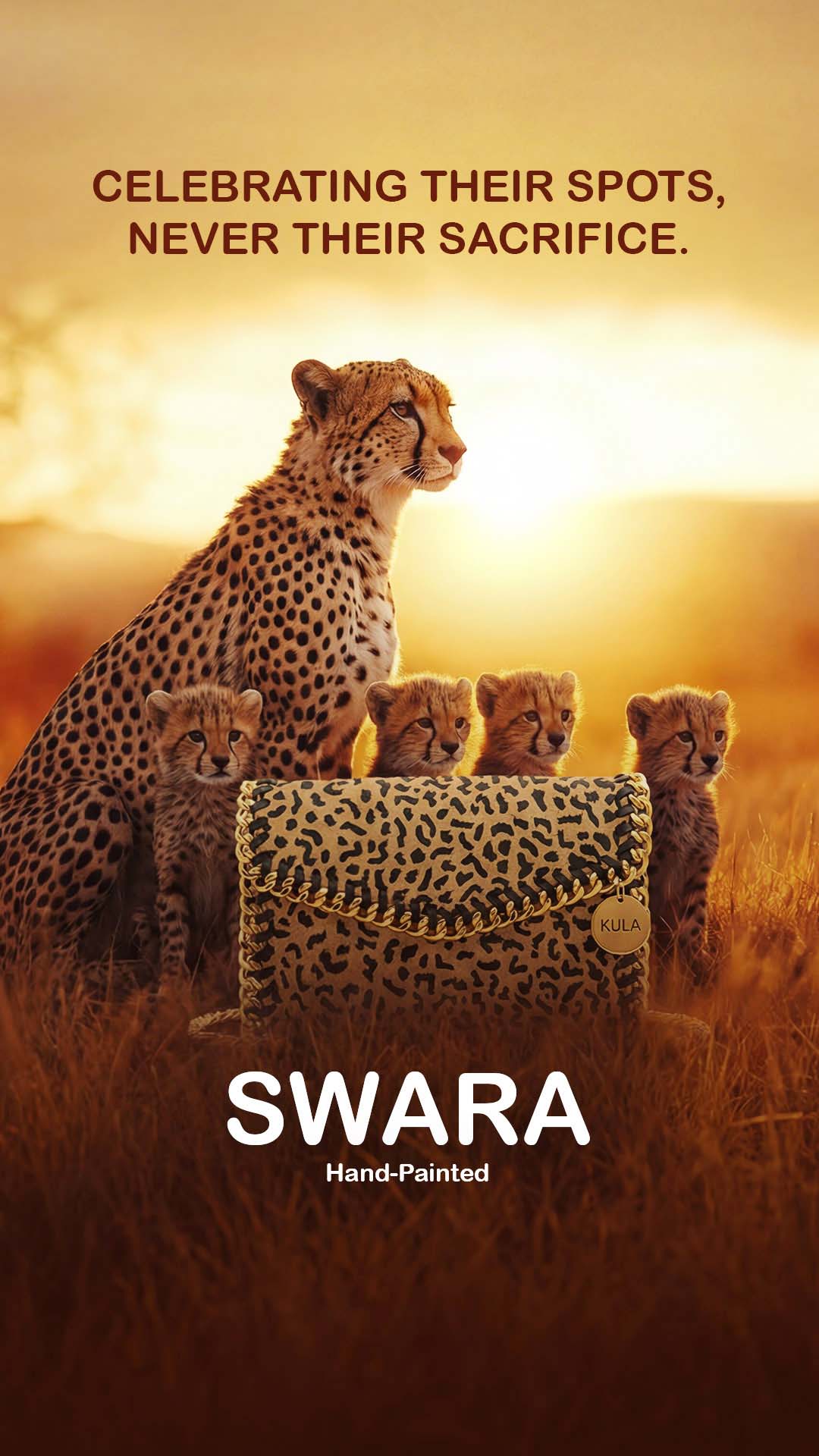 Cheetah with cubs and a handbag with cheetah pattern against a sunset background, featuring the brand 'Swarra'.