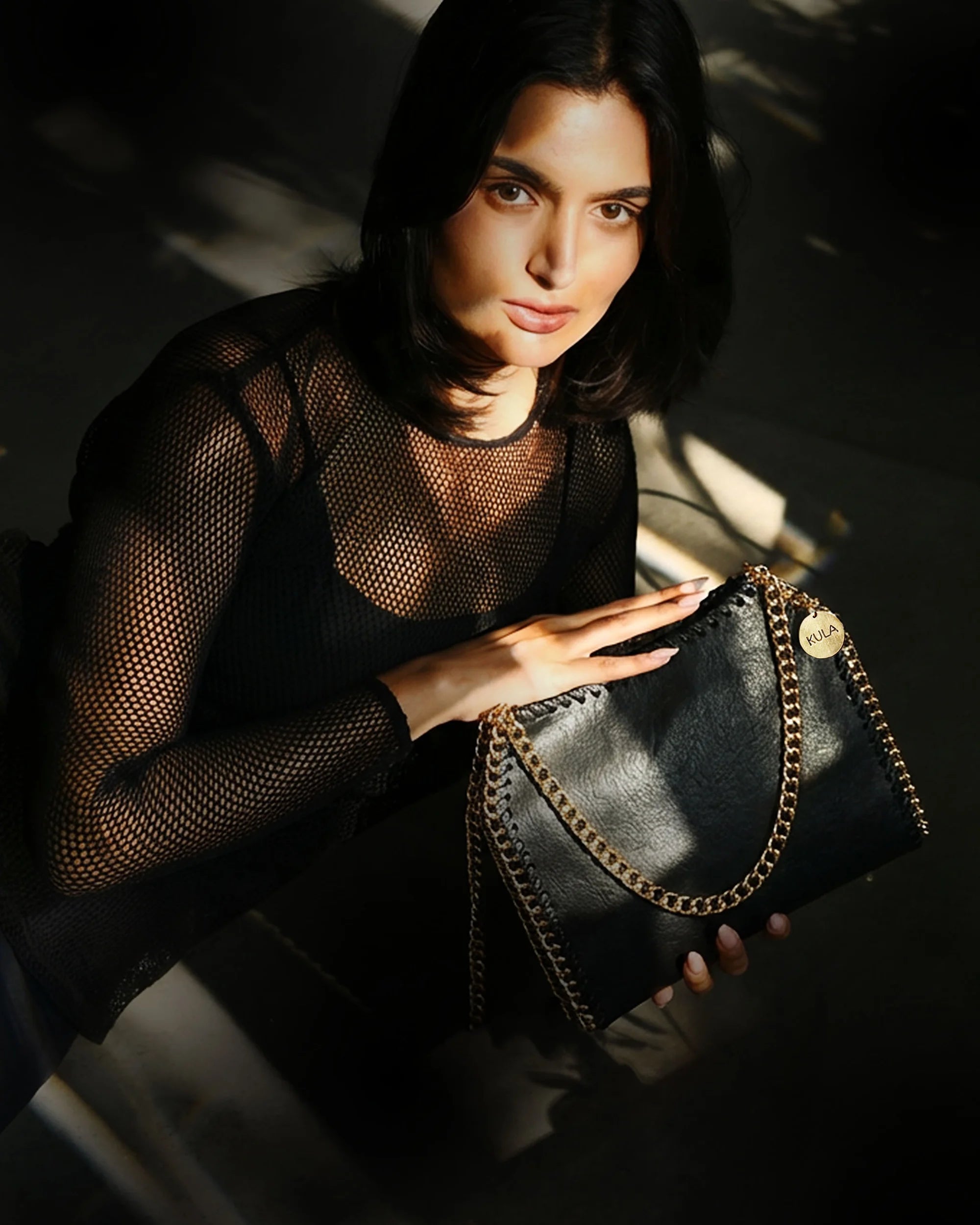 Cleopatra Vegan Chain handbag in Charcoal Black | Sustainable Coconut Leather by KULA