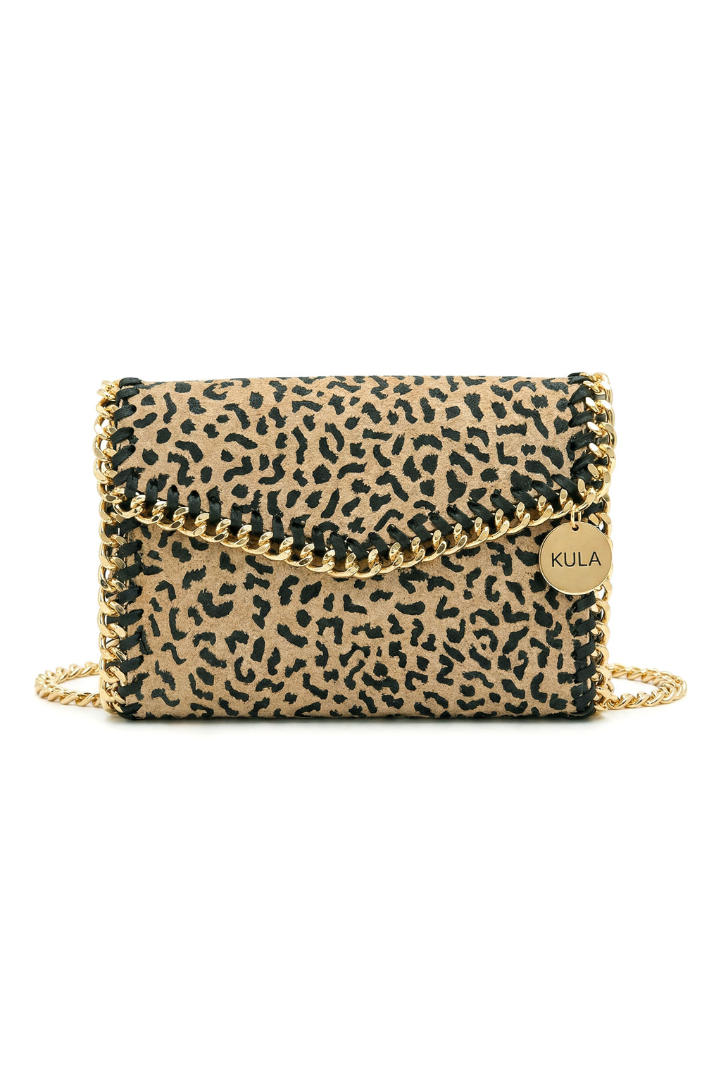 animal print handbag design with braided gold chain accent. 