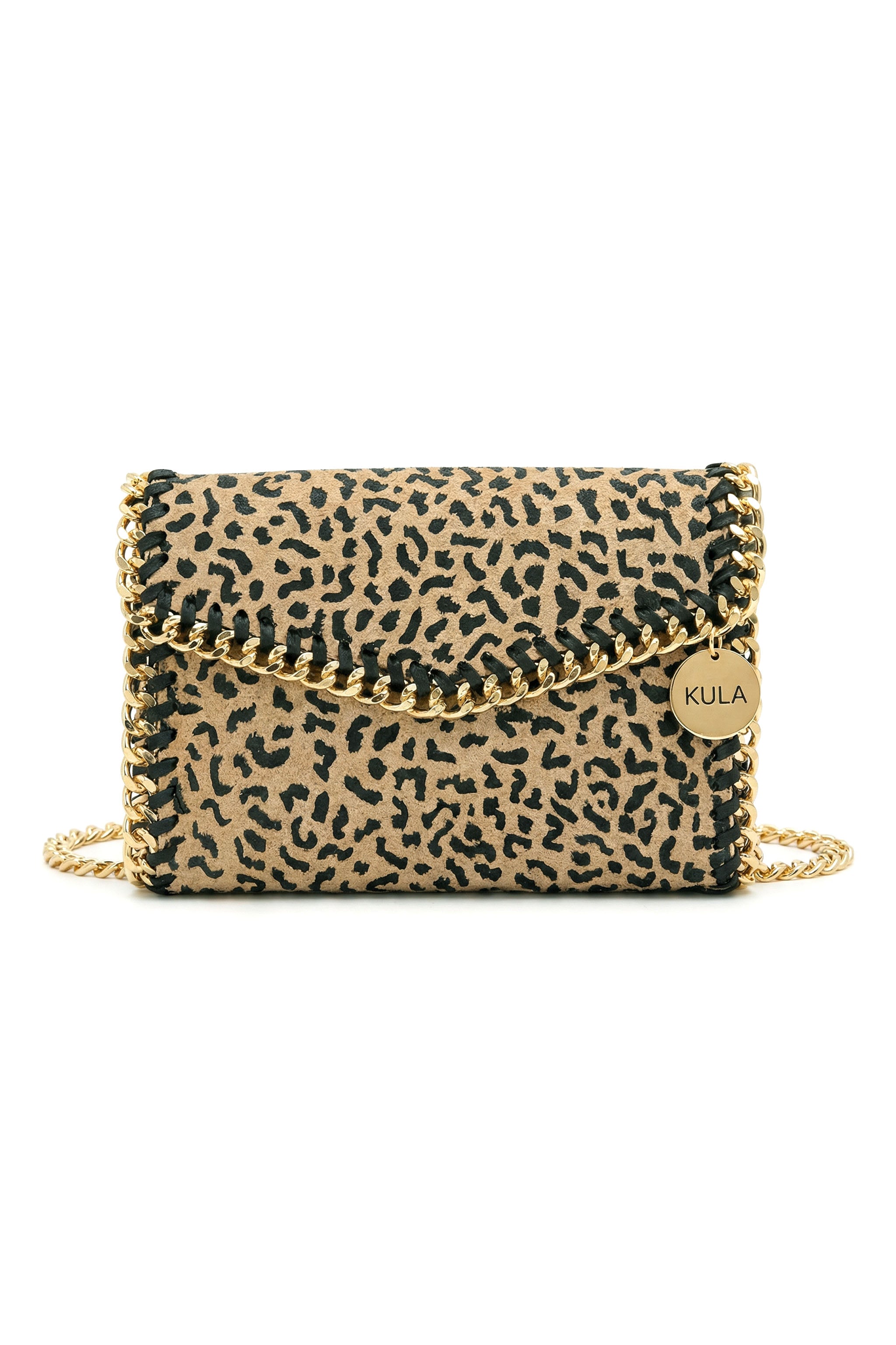 animal print handbag design with braided gold chain accent. 