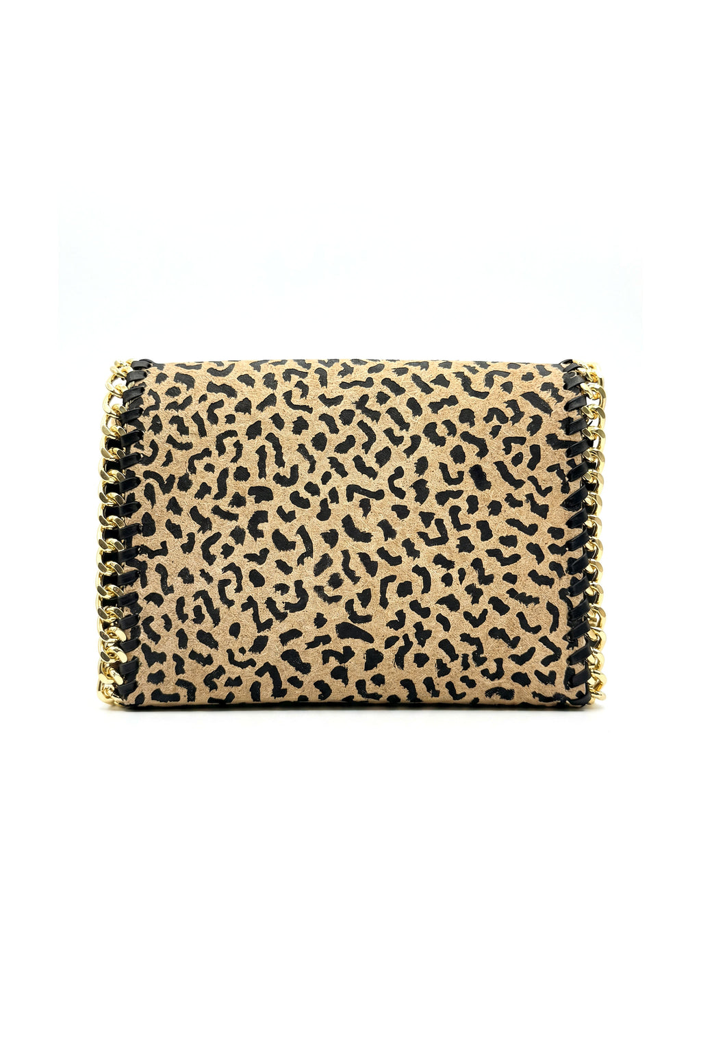 Leopard print clutch bag with black trim on a white background