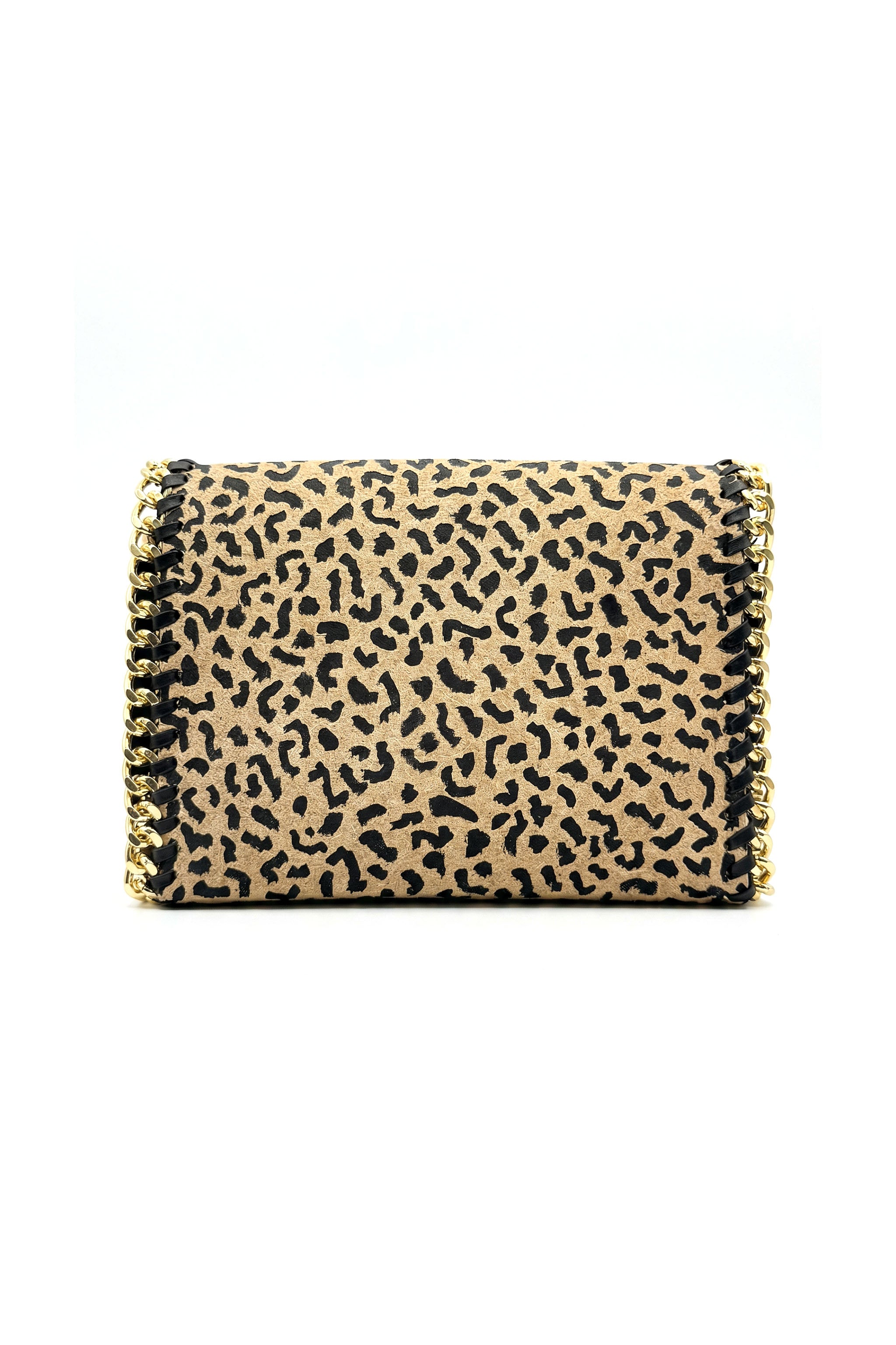 Leopard print clutch bag with black trim on a white background