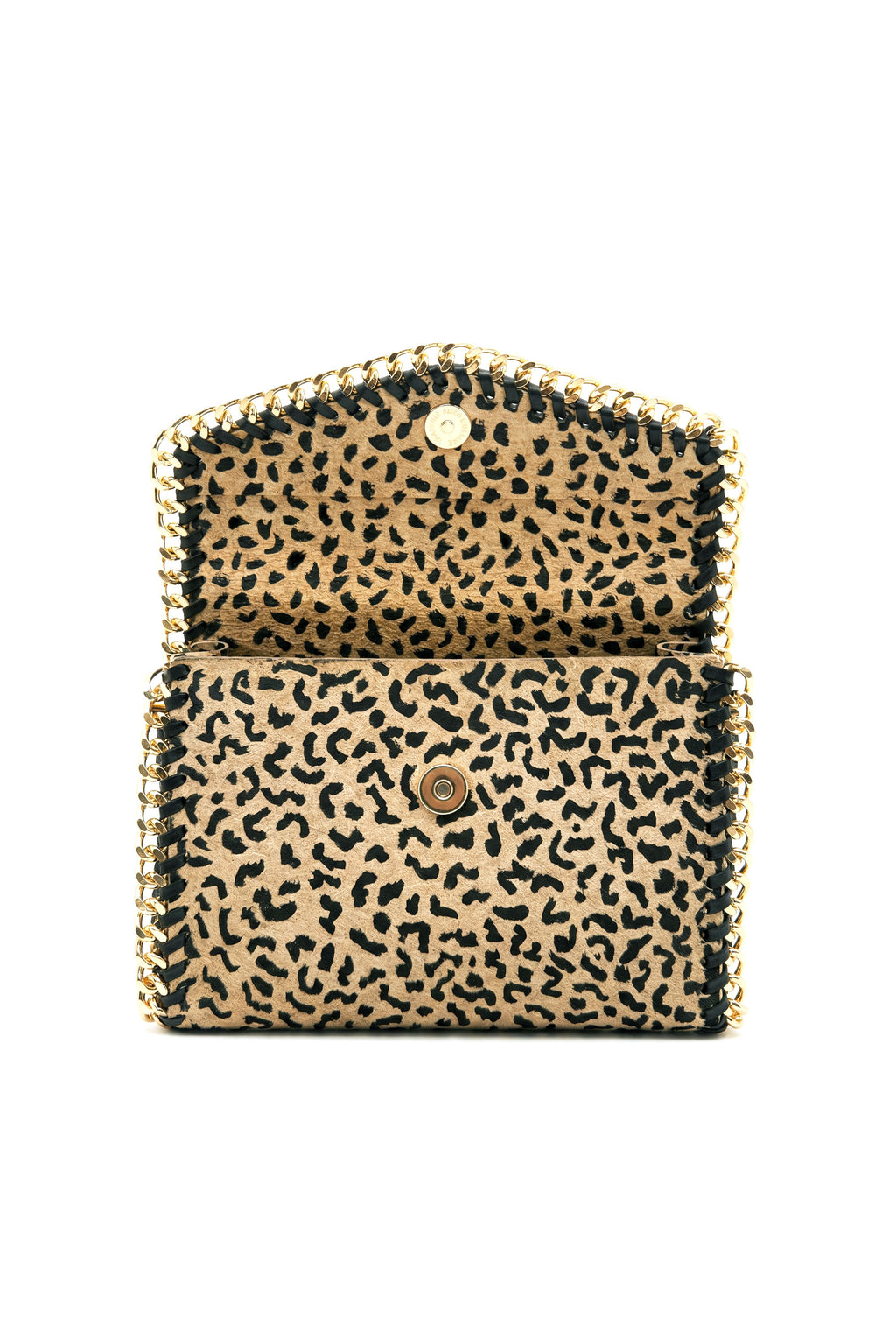 Leopard print wallet with gold accents on a white background