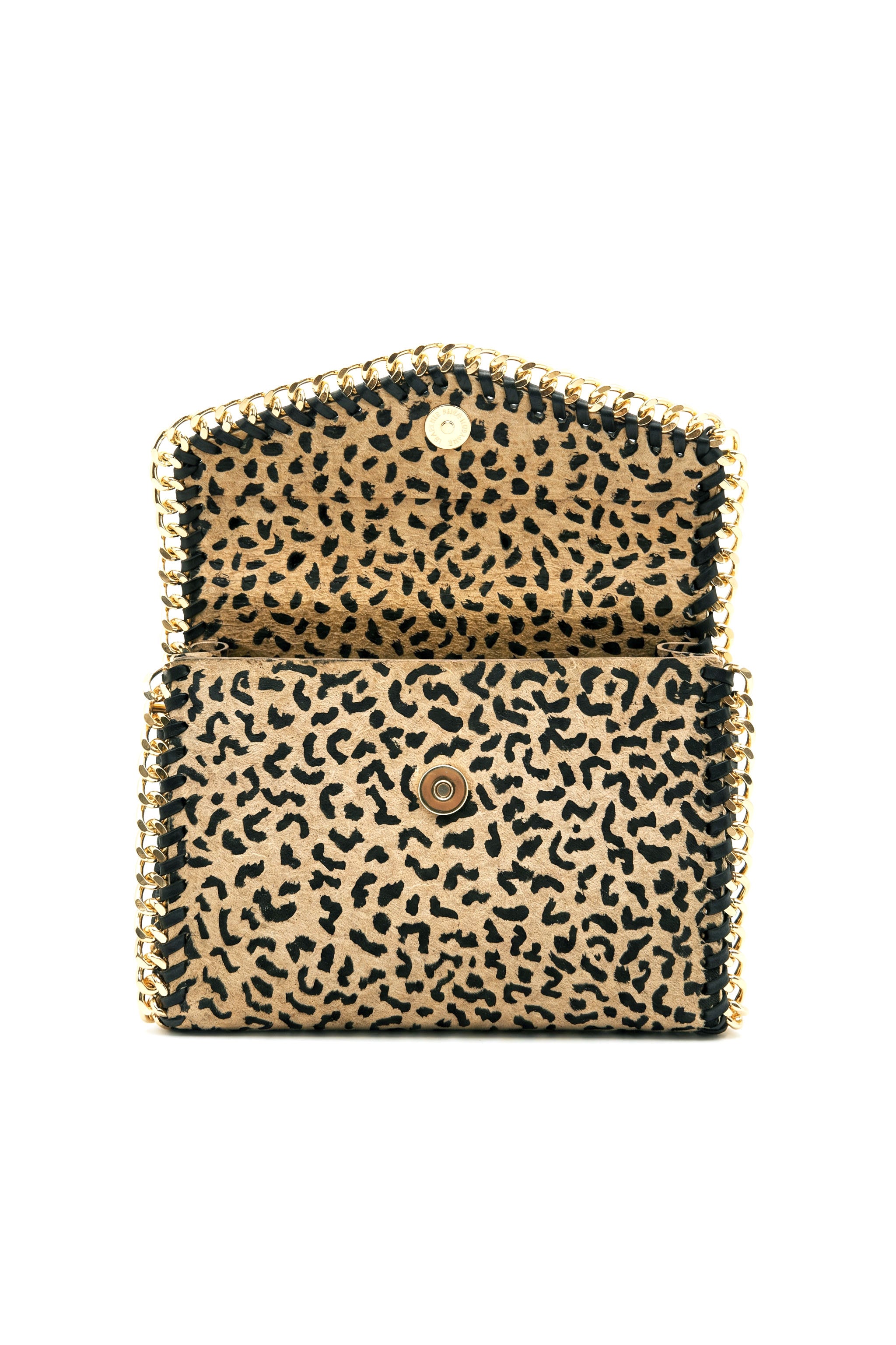 Leopard print wallet with gold accents on a white background