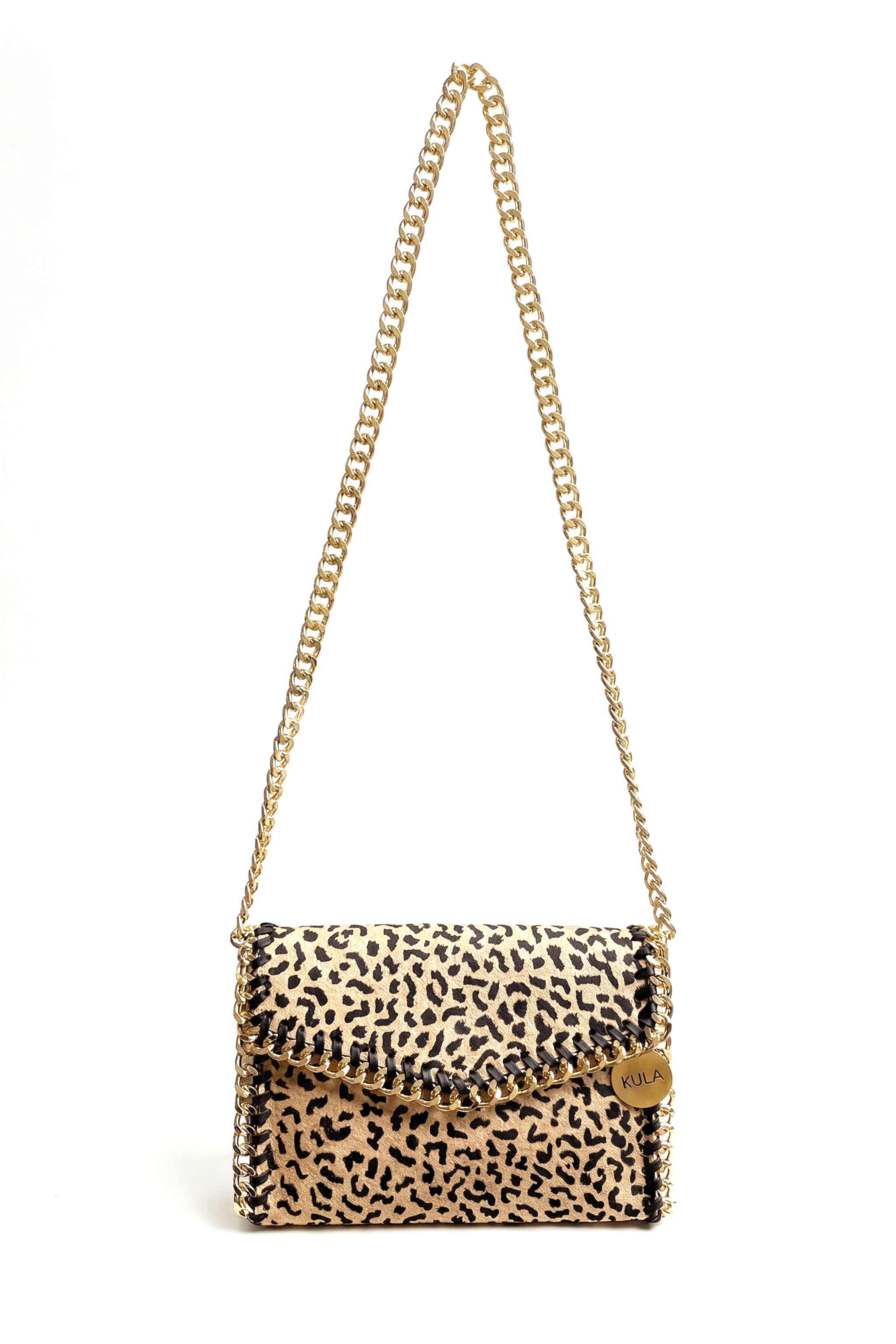 Leopard print handbag with a gold chain strap on a white background